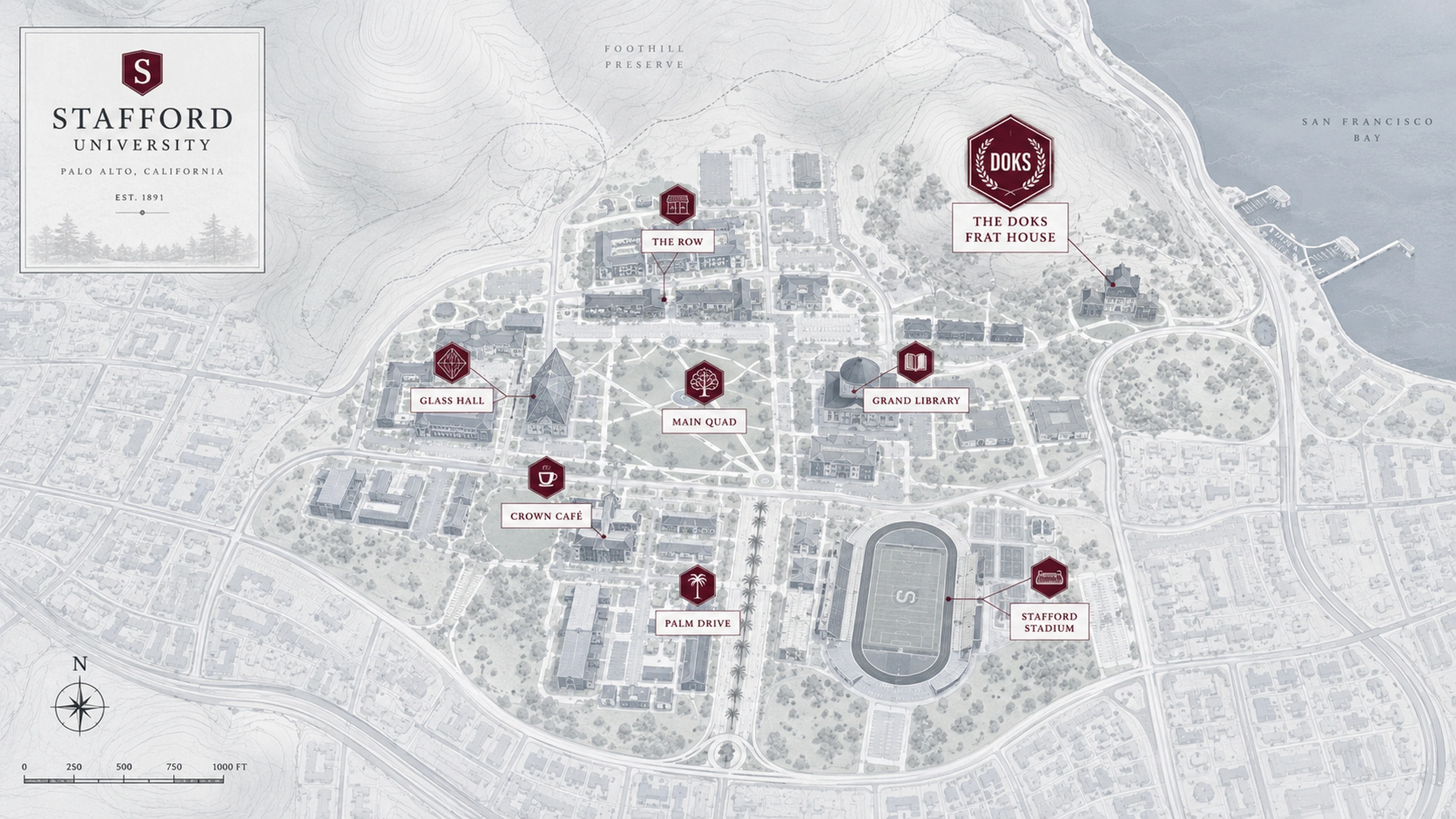 Illustrated map of Stafford University campus