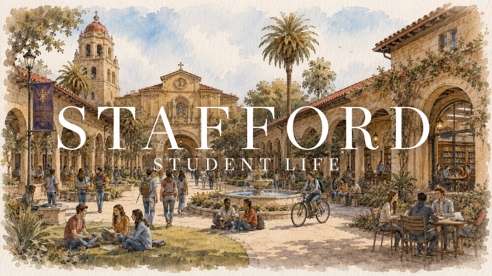 Stafford University students walking between residence halls